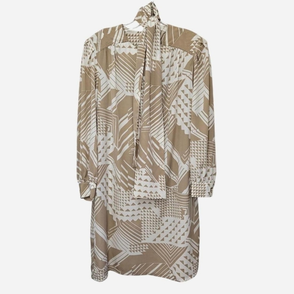 Studio Collection tan & cream geometric print dress with scarf collar Size 14